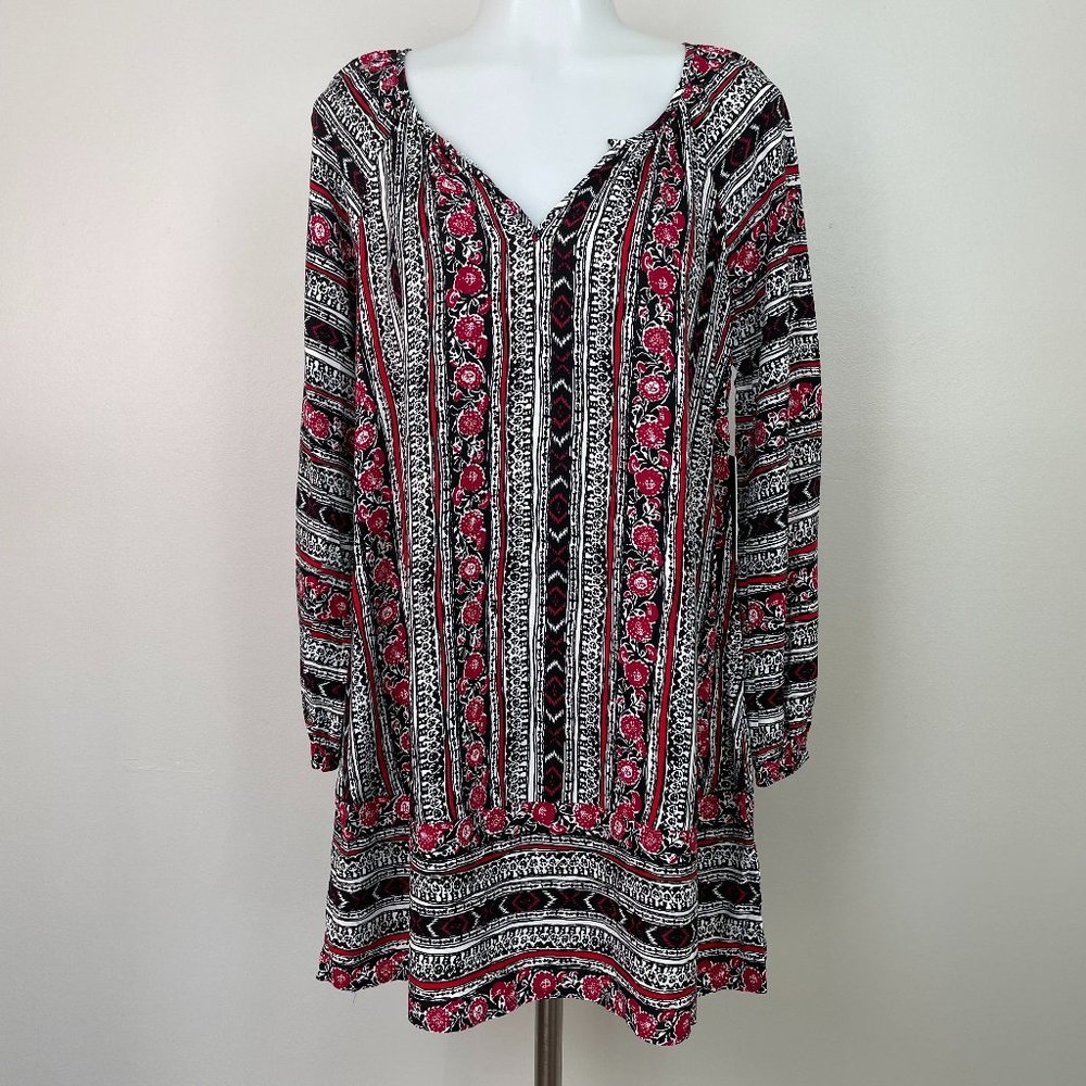 Express Shift Dress‎ XS Pink Black White V-Neck Long Sleeve Women's